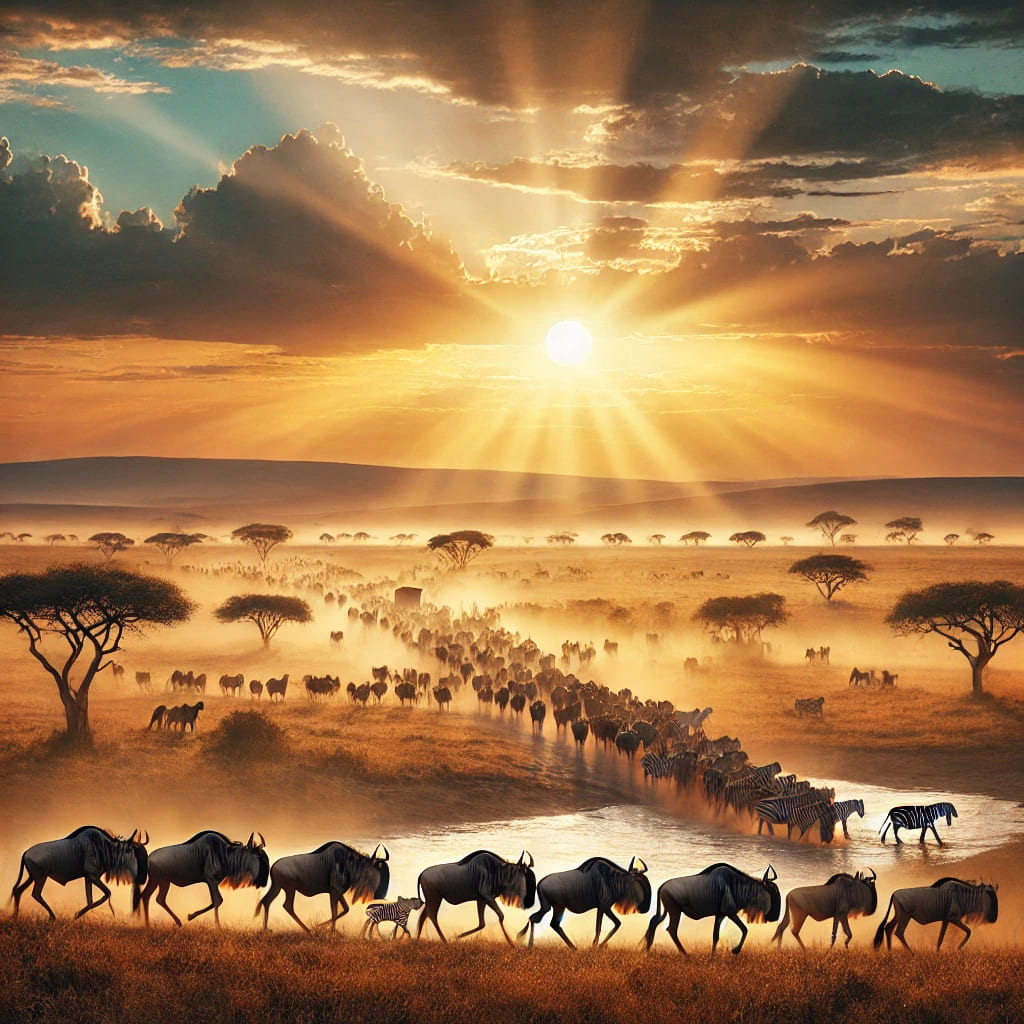 DALL·E-2024-12-11-02.06.54-A-breathtaking-view-of-Maasai-Mara-National-Reserve-in-Kenya-during-the-Great-Migration-featuring-a-vast-savanna-with-wildebeests-and-zebras-crossing-1 Top 10 African Safari Destinations You Must Visit