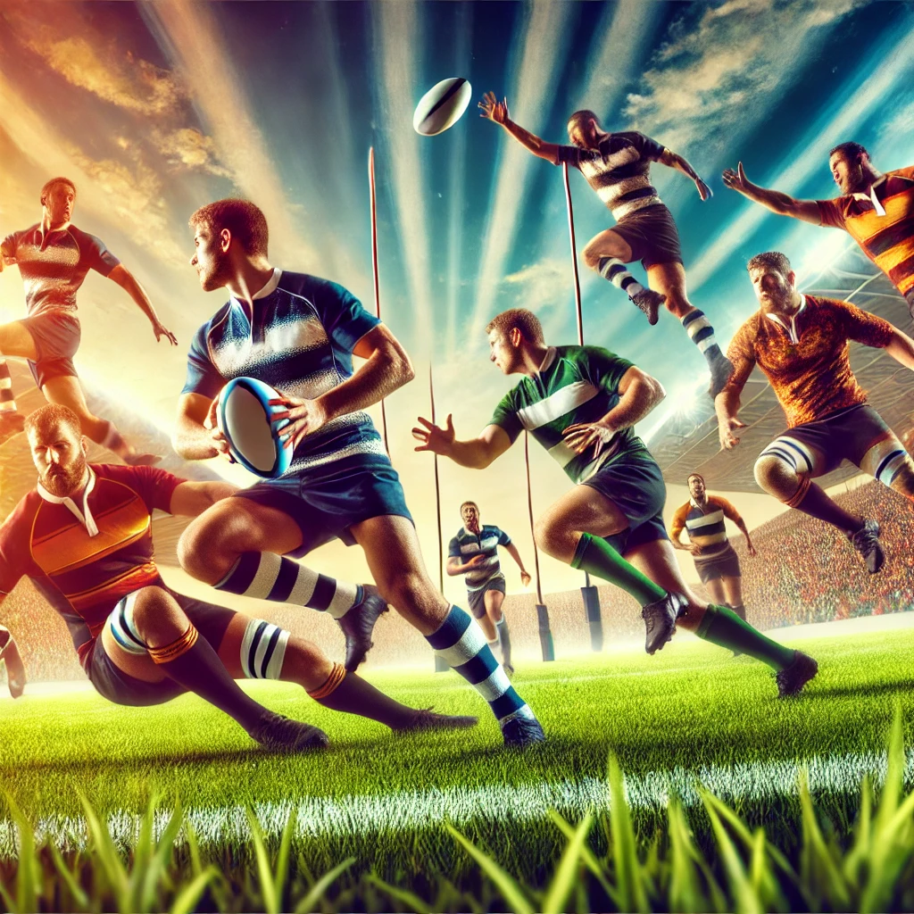 A vibrant and dynamic scene of a rugby match being played on a green field. The image shows two teams in action, with players wearing colorful jerseys