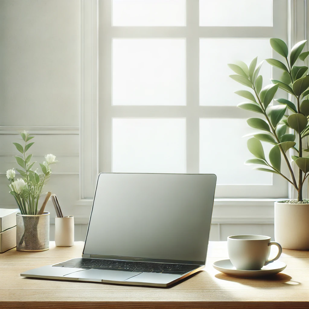 DALL·E-2024-12-17-22.41.41-A-clean-and-minimalist-workspace-featuring-a-wooden-desk-with-a-single-laptop-a-cup-of-coffee-and-a-small-green-plant.-The-background-is-bright-and- Minimalism 101: How to Declutter and Simplify Your Life
