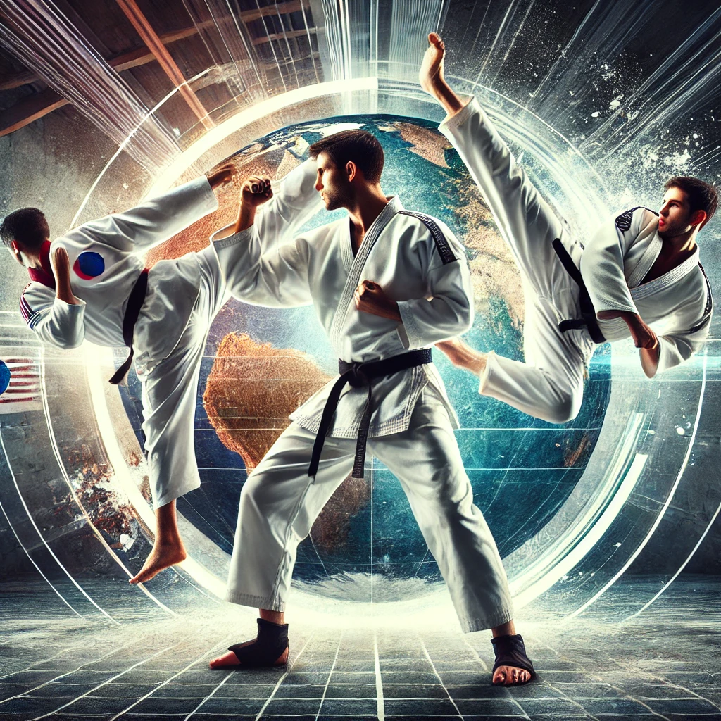 A dynamic image showing a collage of three martial arts disciplines_ Karate, Taekwondo, and Judo. The image should feature a Karate practitioner perfo