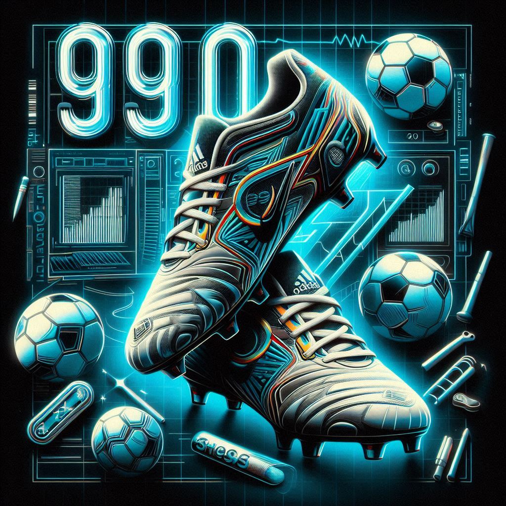A collage of football boots from the 1990s and the 21st century, showcasing the transformation from rubberized zones and vibrant designs to high-tech, lightweight materials and eco-friendly innovations.
