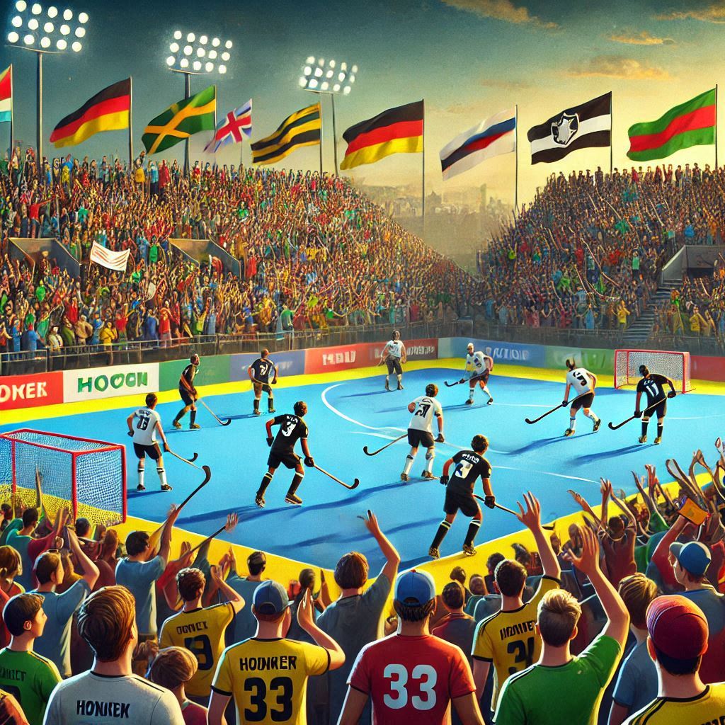 "A well-maintained hockey pitch with clearly marked boundaries, goals at each end, and a smooth playing surface, ready for an exciting match.