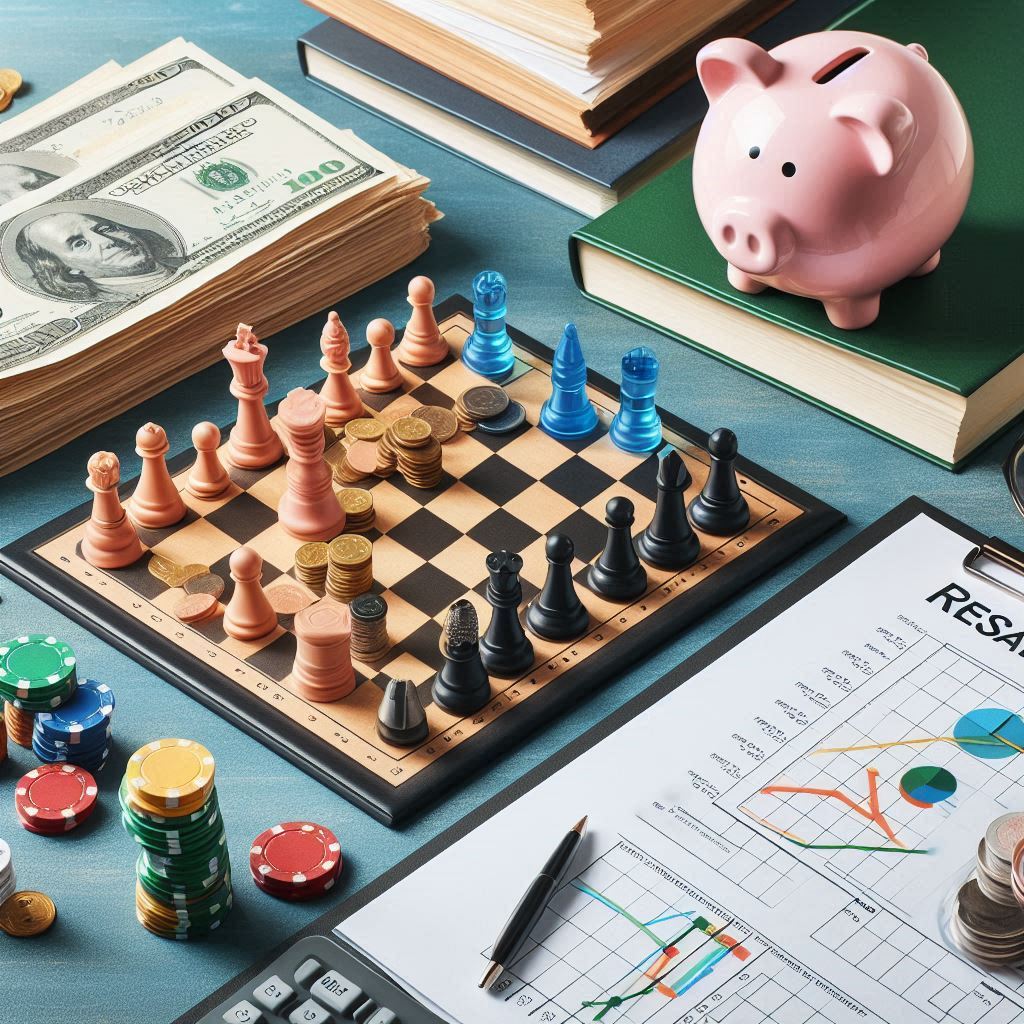 A-strategy-board-with-game-pieces-a-stack-of-research-papers-and-a-piggy-bank-symbolizing-research-strategy-and-bankroll-management Understanding Gambling and Betting: A Beginner's Guide