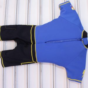 Kids' blue short-sleeve wetsuit with black leg panels, yellow trim, and front zipper, hanging on a white background.