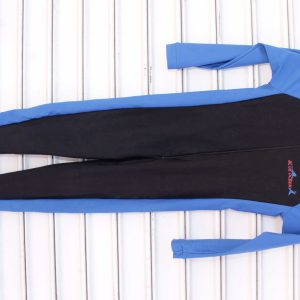 BLUE OCEAN wetsuit with black and blue design, front zipper, and secure leg loops, hanging on a white metal background.