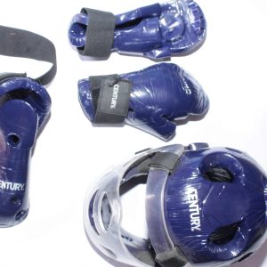 CENTURY martial arts protective gear set, including blue padded gloves, a helmet with a clear face shield, and shin guards, designed for sparring and combat training.