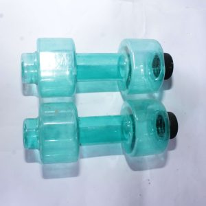 Light blue transparent plastic dumbbells with black end caps, ideal for home strength training and fitness workouts.