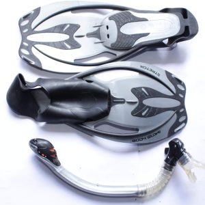 Body Glove Swim Fins & Snorkel Set featuring gray and black fins with ergonomic cutouts and a curved snorkel, displayed on a white background.