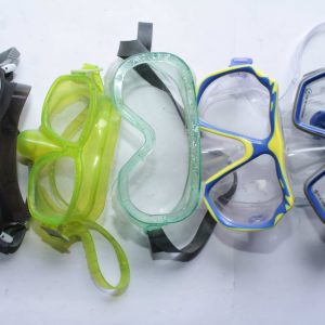 Five pairs of swimming and diving goggles with varied tinted and clear lenses, designed for underwater clarity and secure fit.