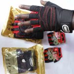 Sports & Cycling Gloves featuring fingerless designs, padded palms, and stylish black-red or themed Lightning McQueen models, displayed with gold packaging labeled "SPORTS GEAR".