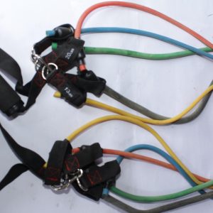 Five resistance bands with labeled weight levels, attached to foam-handled grips for versatile workout options.