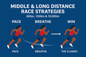 Learn professional race strategies for 800m, 1500m, 3000m, 5000m, and 10,000m. Discover how to pace, breathe, and build winning endurance — perfect for CBC students and athletes.